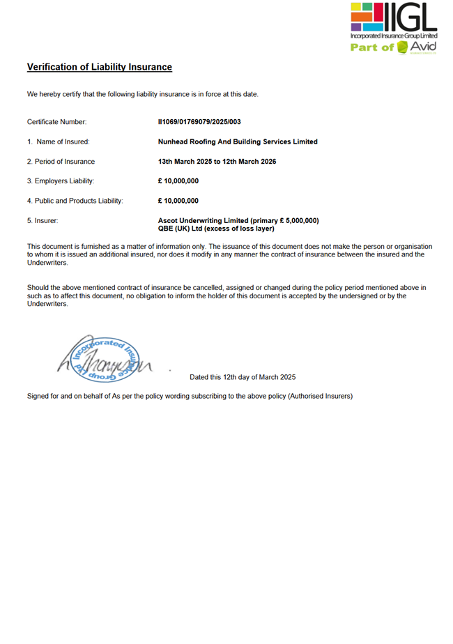 Public and Employers Liability Certificate for London Roof Specialist Near Me